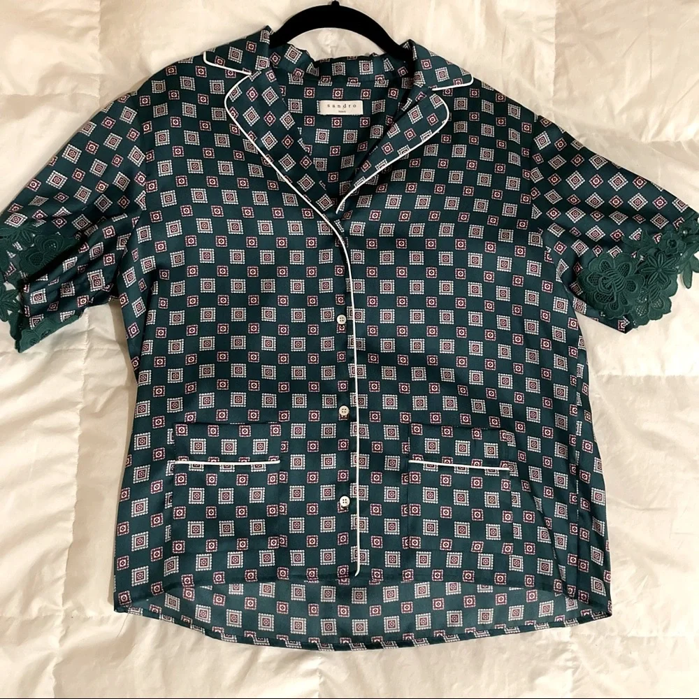 Donated | Sandro | Emerald Green Tile-print Satin Blouse - Picture 3 of 6